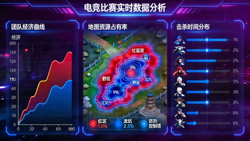 电竞比赛数据分析面板，显示团队经济、地图控制与击杀时间线
